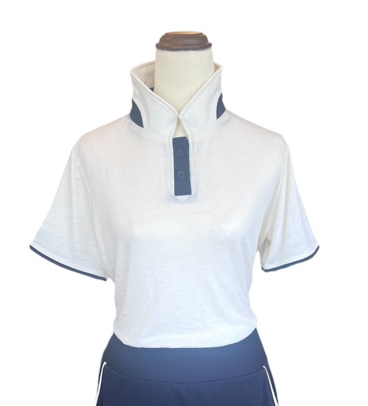 Merino Polo Top - Ivory with Navy Trim