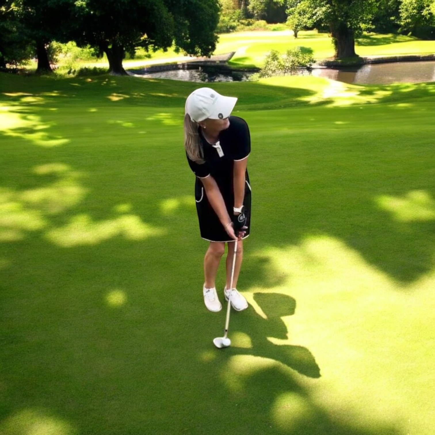Ladies Merino Golf Set Black worn by woman putting on golf course under sunny trees